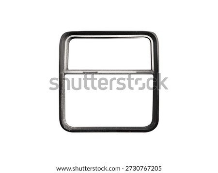 Dark gray metal rectangular transport window frame with divider is isolated.