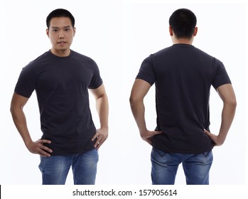 Dark Gray T-shirt On A Young Man Isolated Front And Back-Studio Shot