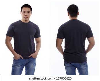 Dark Gray T-shirt On A Young Man Isolated Front And Back-Studio Shot