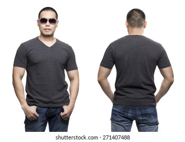 Dark Gray T-shirt On A Young Man Isolated Front And Back-Studio Shot.