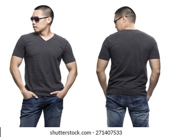 Dark Gray T-shirt On A Young Man Isolated Front And Back-Studio Shot.