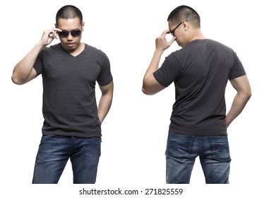 Dark Gray T-shirt On A Young Man Isolated Front And Back-Studio Shot.