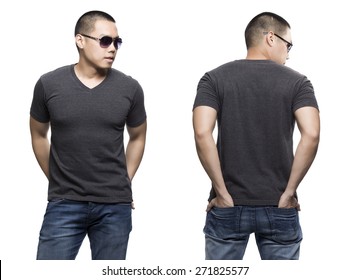 Dark Gray T-shirt On A Young Man Isolated Front And Back-Studio Shot.