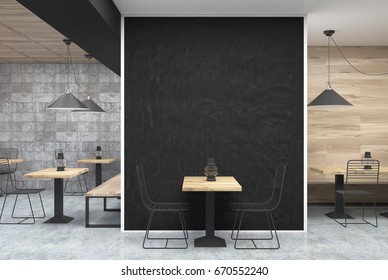 Dark gray wall cafe interior with a large black wall fragment in the center, a table with a bottle near it and old oil lamps on square wooden tables. 3d rendering mock up