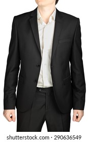 Dark Gray Wedding Suit, Unbuttoned Jacket, White Shirt, No Tie, Isolated On A White Background.