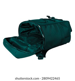A dark green backpack with an open compartment and padded lining isolated on transparent background
