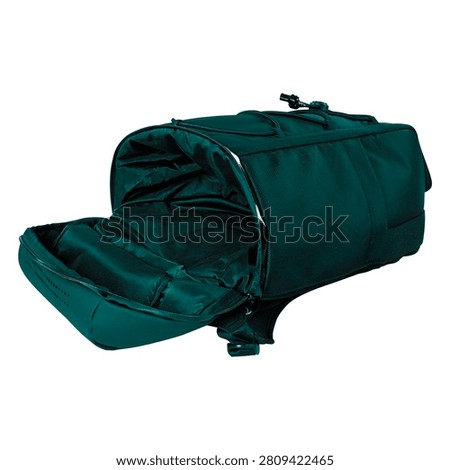A dark green backpack with an open compartment and padded lining isolated on transparent background