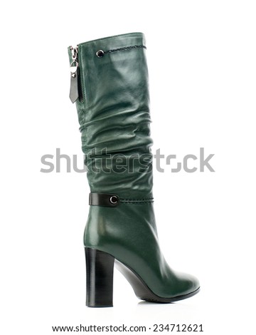 Dark green high boot isolated on white background.

