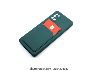 Dark Green Phone Case For Smartphones With Credit Card Storage Isolated On White Background.