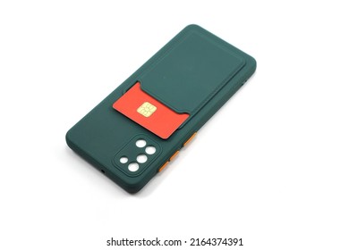 Dark Green Phone Case For Smartphones With Credit Card Storage Isolated On White Background.