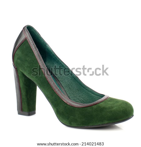 Dark green suede high heel women shoe with braid isolated on white background.