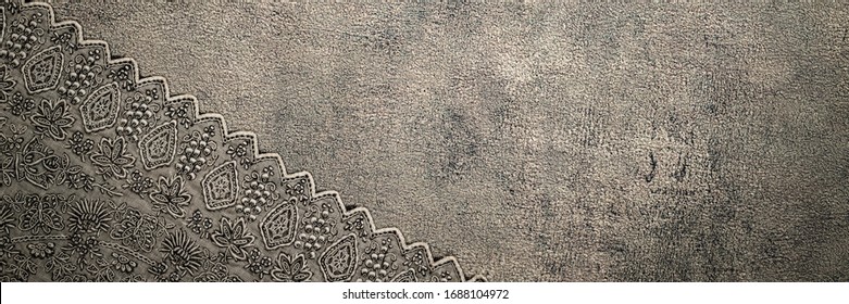Dark Grey Lace Fabric On Stone Cement Background, Copy Space. Gray Cloth Texture, Text Place, Template Banner