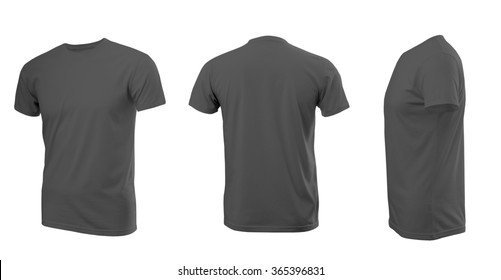 Dark grey man's T-shirt with short sleeves with rear and side view on a white background