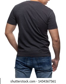 Dark grey on asian model for v-neck tshirt blank mockup template in your clothing design.