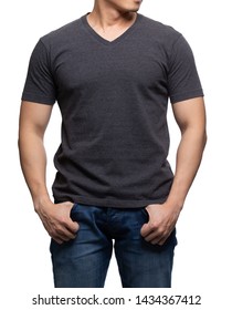 Dark Grey On Asian Model For V-neck Tshirt Blank Mockup Template In Your Clothing Design.