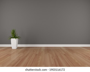 Dark Grey Wall And Wooden Floor With Plant