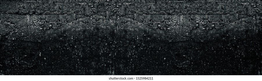 Dark Grey Wide Rough Concrete Wall Texture. Black Weathered Cement Surface Widescreen Background. Gloomy Grunge Long Panoramic Backdrop