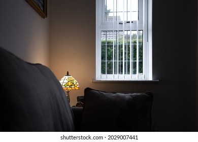 Dark, ground floor room seen being partially lit by an ornate lamp in the corner of the room. A rear window is seen leading to a driveway.