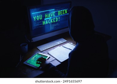 Dark, hacker and computer with malware screen for cybersecurity, virus or ransomware for erp system. Monitor, spy and hacking website for government espionage, surveillance and internet scam at night