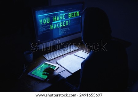 Dark, hacker and computer with malware screen for cybersecurity, virus or ransomware for erp system. Monitor, spy and hacking website for government espionage, surveillance and internet scam at night