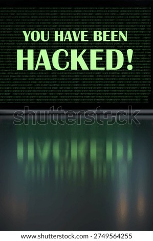Dark, hacking and laptop screen with notification for online fraud, cybersecurity threat and data breach. Space, illegal and words on computer for cyber crime, ransomware and warning for blackmail