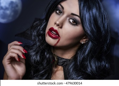 Dark Hair Female Vampire At Night