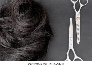 Dark hair lock with professional hairdresser scissors on grey background. Haircut. Straight cutting scissors, thinning scissors. - Powered by Shutterstock