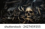 Dark image showcasing a macabre pile of human skulls bones remains.
Evoking a sense of history and mortality.