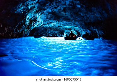 Dark inside of the Grotta Azzurra in Capri Island, Italy, for background