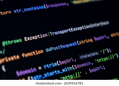 Dark interface close-up of PHP function using string operations and error handling designed for backend development tasks like API calls and secure data exchange routines