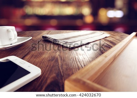 Dark Wood Tableware Bar dark interior of bar with tablet tray and napkin and free space