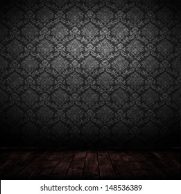 Dark Interior Room With Baroque Wallpaper. 