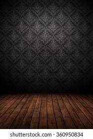 Dark Interior Room With Baroque Wallpaper.