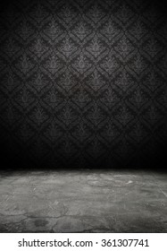 Dark Interior Room With Baroque Wallpaper.