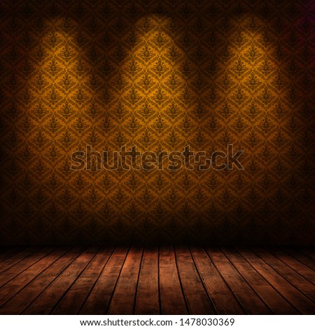 dark interior room with baroque wallpaper