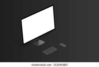 Dark Isometric Computer Display Mockup. Isolated Display In White For Project Showcase. Keyboard And Mouse On Black Desk