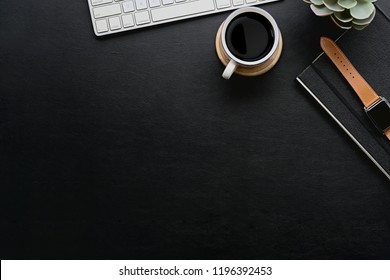 Dark Leather Desk With Home Office Gadget And Copy Space.