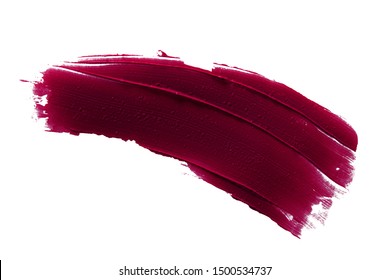 Dark Lipstick Smear Smudge Swatch Isolated On White Background. Makeup Creamy Texture. Burgundy Color Cosmetic Product Brushstroke Swipe Sample