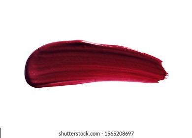 Dark  Lipstick Swatch Smear Stroke. Burgundy Color Lip Product Texture. Makeup Smudge Sample Isolated On White Background