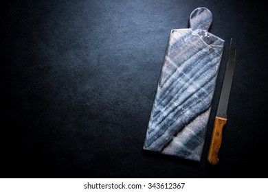 Dark Marble Cutting Board On Black Slate, Food Border Background