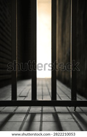 Dark metal security gate blocking a narrow corridor with bright light at the far end, representing restriction, access, safety, isolation and hope