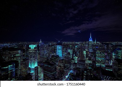 Dark Mode Neon Cityscape At Night With Starry Sky Background And Vibrant Lights