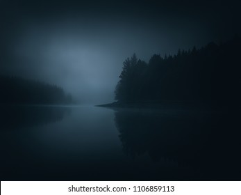 dark moody landscape of a lake and forest - Powered by Shutterstock