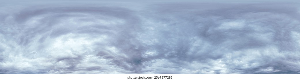 Dark moody rain clouds in dramatic overcast sky. Seamless 360 HDR spherical panorama. Full zenith or sky dome in 3D environment, sky replacement for aerial drone panoramas. Climate and weather change.