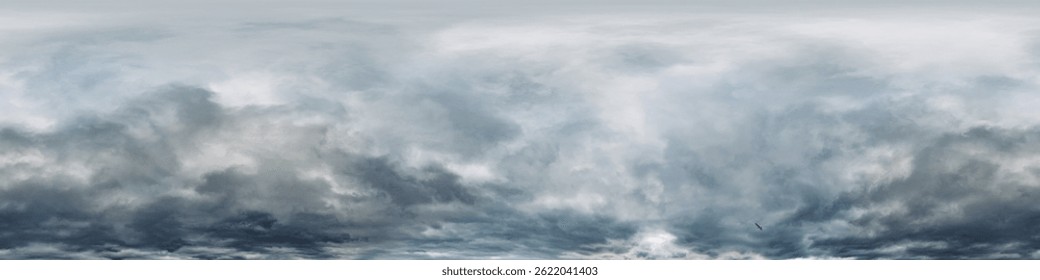 Dark moody rain clouds in dramatic overcast sky. Seamless 360 HDR spherical panorama. Full zenith or sky dome in 3D environment, sky replacement for aerial drone panoramas. Climate and weather change.