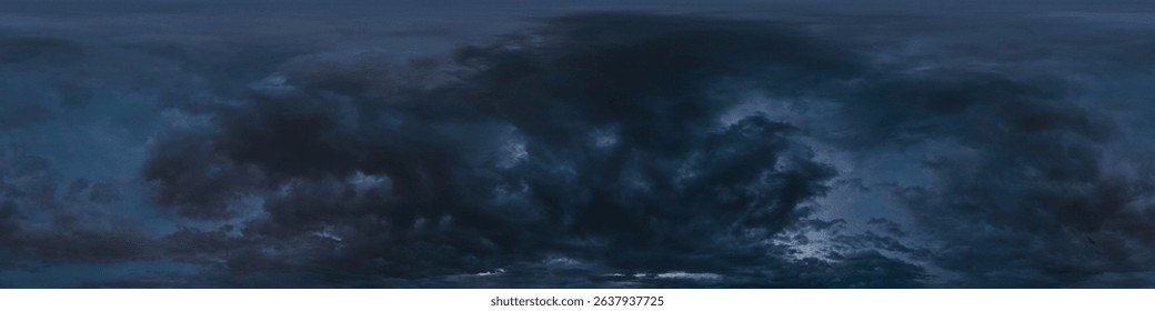 Dark moody rain clouds in dramatic overcast sky. Seamless 360 HDR spherical panorama. Full zenith or sky dome in 3D environment, sky replacement for aerial drone panoramas. Climate and weather change.