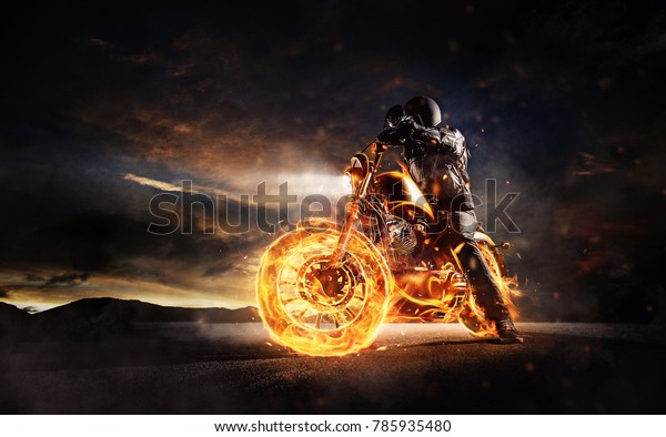 Dark Motorbiker Staying On Burning Motorcycle Stock Photo Edit Images, Photos, Reviews
