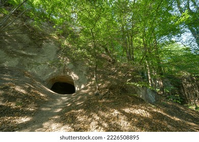 Dark and mysterious cave entrance in the Brohltal in Rhineland-Palatinate, Germany. A volcanic formation in the Eifel region with natural caves and lush green forest. 