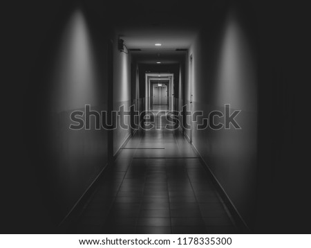 Dark mysterious corridor in building. Door room perspective in lonely quiet building with light on black and white style. horror landscape concept.