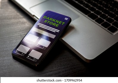 Dark net store market for buying and selling illegal goods concept. Phone with anonymous black dark net marketplace on screen. Hidden from the eyes and deeper level of the Internet without censorship.